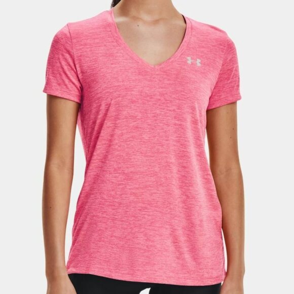 Under Armour Tops - Under Armour Shirt Womens Small Pink V-Neck Short Sleeve Heat Gear Activewear